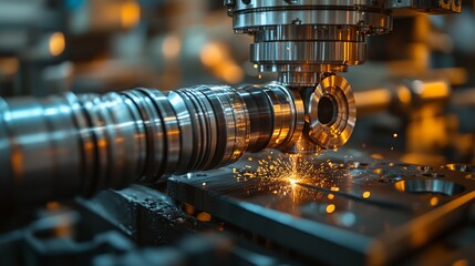 Close-up of CNC machining process, sparks flying from metal part being cut.