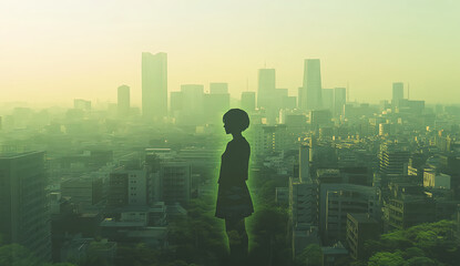 Naklejka premium A double exposure of a green cityscape and a person with their head held high, symbolizing environmental awareness and social expression. The background is a gradient from light to dark green, 