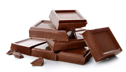 Cracked chocolate bars on a white background 