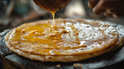 Close-up of a puran poli being garnished with ghee, symbolizing the festive richness of Ganesh Chaturthi cuisine 