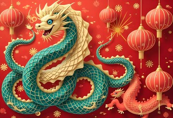 Fototapeta premium Majestic Jade and Gold Dragon with Festive Lanterns: A Chinese New Year Illustration