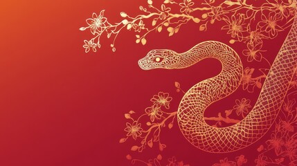 Obraz premium Intricate golden zodiac snake silhouette accented with linear, minimalist plum blossom motifs, set against a vibrant red gradient background. The elegant, stencil-like illustration evokes a sense of