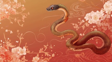 Obraz premium Lunar New Year 2025 greeting card, coiled snake design, decorative Chinese dragon scales, vibrant crimson background, gilded Chinese characters, symbolic animal motifs, prosperous holiday imagery,