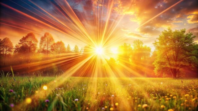 Bright sun rays illuminating a vibrant summer scene with warm colors and lens flare effects, vibrantcolors