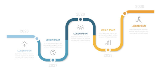 A five-step timeline or chart. Infographics for a presentation or website. Stages of goal achievement, forecasting of results. Modern infographics for business
