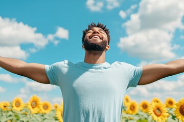 Person Standing Joyfully in the Middle of a Vibrant Sunflower Field Under a Bright Blue Sky with Fluffy Clouds