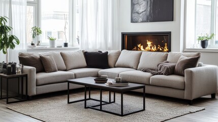 Cozy Living Room With A Sectional Sofa, Fireplace, And Coffee Table.  Natural Light And Neutral Colors Create A Calm Atmosphere.