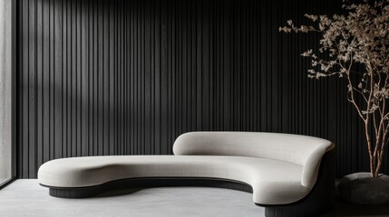 A Minimalist Curved Sofa Sits Against A Dark Wood-Paneled Wall, Complemented By A Minimalist Plant Arrangement.  The Scene Evokes A Serene, Modern Aesthetic.