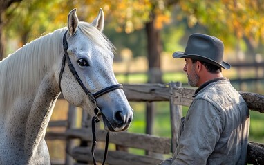 Fototapeta premium A serene moment between a man and a white horse in a rustic setting.