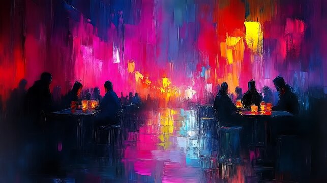 Vibrant nightlife painting of people dining in a colorful city.