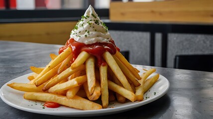 A cone of Belgian fries topped with mayonnaise, ketchup, and a sprinkle of parsley. 