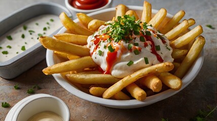 A cone of Belgian fries topped with mayonnaise, ketchup, and a sprinkle of parsley. 