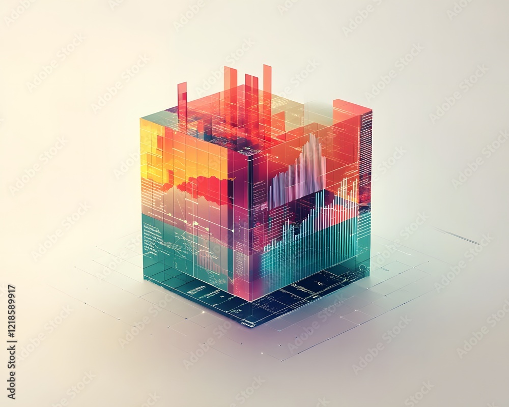 Poster a vibrant, abstract representation of futuristic data visualization, showcasing a cube filled with c