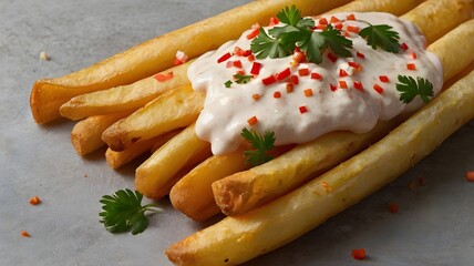 A cone of Belgian fries topped with mayonnaise, ketchup, and a sprinkle of parsley. 