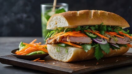 A crispy banh mi sandwich filled with pork, pickled vegetables, and fresh herbs. 