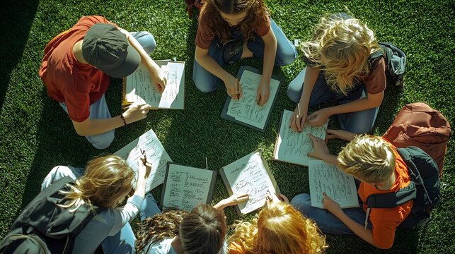 A group of pre-teens signing each other s yearbooks, their caps lying forgotten on the grass
