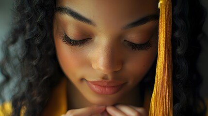 A close-up of a young woman adjusting her tassel, her expression filled with pride and anticipation