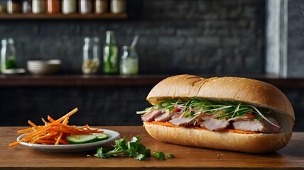 A crispy banh mi sandwich filled with pork, pickled vegetables, and fresh herbs. 