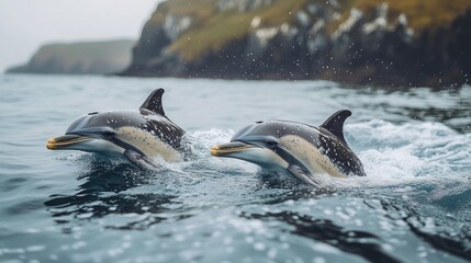 Fototapeta premium Dolphins leaping, coastal waters, cliffs, ocean