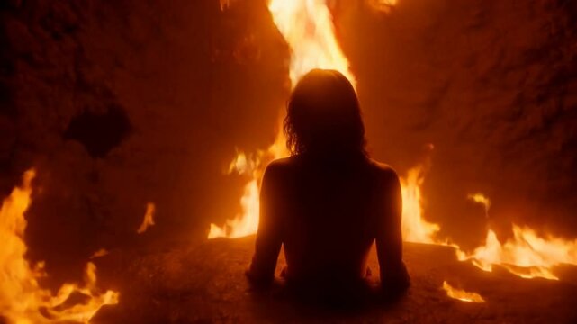 Fiery goddess silhouette. Dark fantasy genre. Creepy witch girl. Mystical woman in another hellish world.