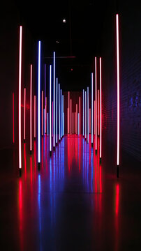 A contemporary room with dark walls, glowing red and blue LED lights arranged in parallel lines, and subtle reflections enhancing the atmosphere. 