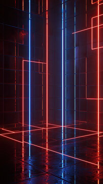 A contemporary room with dark walls, glowing red and blue LED lights arranged in parallel lines, and subtle reflections enhancing the atmosphere. 
