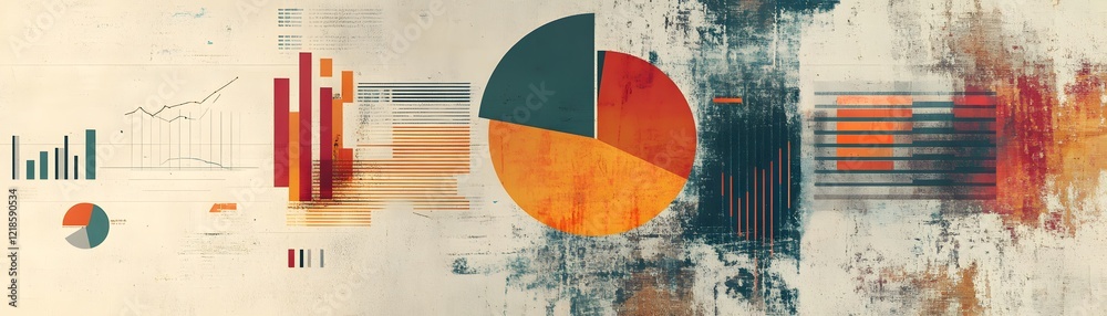 Poster abstract data visualization featuring colorful pie charts and bar graphs on a textured background, i