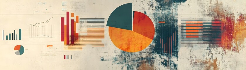 Naklejka premium Abstract data visualization featuring colorful pie charts and bar graphs on a textured background, ideal for presentations, reports, and modern design projects.
