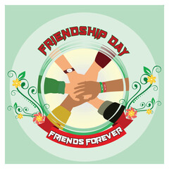 Happy Friendship Day banner, friends hold hands together in circle.