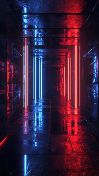 A contemporary room with dark walls, glowing red and blue LED lights arranged in parallel lines, and subtle reflections enhancing the atmosphere. 