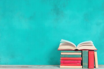 Books stacked with open hardcover turquoise wall