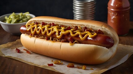 A hot dog from a food truck, loaded with caramelized onions, mustard, and ketchup. 