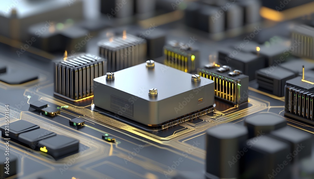 Poster close-up of a modern microprocessor on a circuit board, highlighting the intricate design and advanc