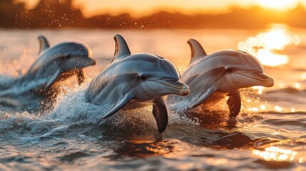Obraz premium Dolphins leaping sunset ocean wildlife nature