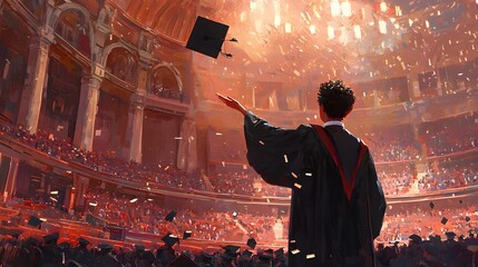 A graduate tossing their cap in a crowded amphitheater, the energy of the day palpable