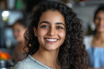 Fototapeta premium Young woman with curly hair smiles joyfully in a vibrant cafe during daytime with friends in the background