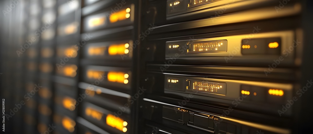 Poster close-up view of data server units with glowing lights in a modern data center.