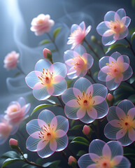 Fototapeta premium A beautiful camellia flower with a spectrum theme and enchanting smoke. Created with generative AI