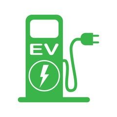 Green eco electric fuel pump icon, Charging point station for hybrid, Linear design, Isolated on white background, Vector illustration.
