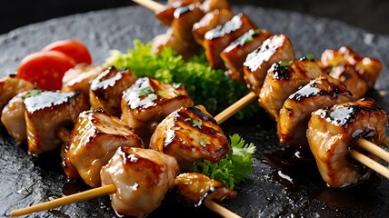 A stick of grilled yakitori chicken skewers, lightly glazed with teriyaki sauce. 