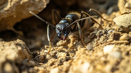 Black Ant Carrying Soil Particle Close Up View