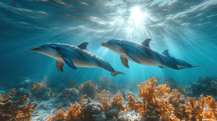 Obraz premium Dolphins swim coral reef, sunlit ocean