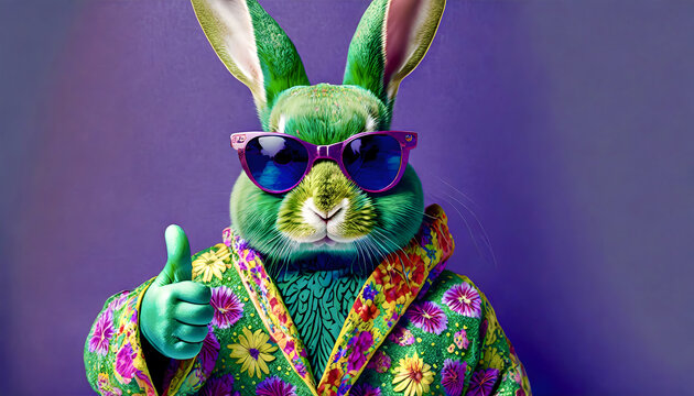 easter, bunny, rabbit, animal, cartoon, green, color, new, modern, art, colorful, card, design, thumb, up, thumb, a, modern, popart, pop, vibrant, wearing, a, suit, business, sunglasses, pink, blue, 1