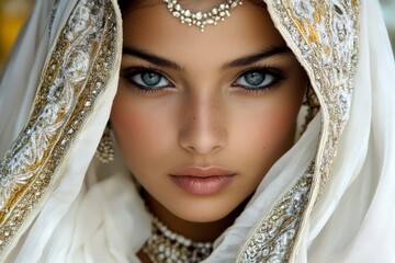 Beautiful young woman wearing a decorative veil and jewelry in a close-up portrait against a vibrant background
