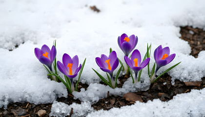 Crocus flowers blooming through snow in early spring