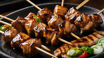 A stick of grilled yakitori chicken skewers, lightly glazed with teriyaki sauce. 