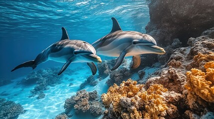 Obraz premium Dolphins swimming coral reef ocean wildlife (1)