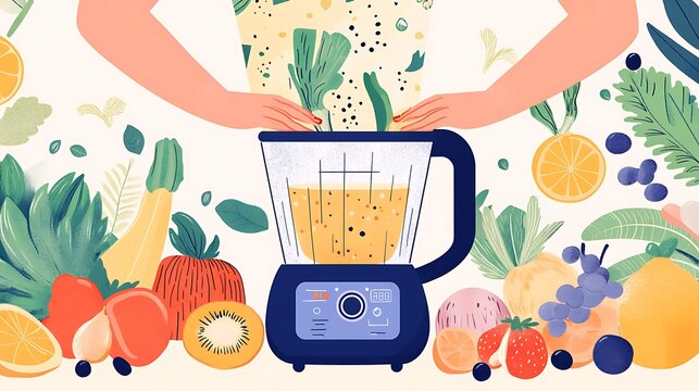 A woman preparing a lactose-free smoothie in a blender with fresh fruits and vegetables