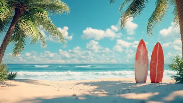 Surfboards against the backdrop of a Hawaiian beach with palm trees and a turquoise ocean.