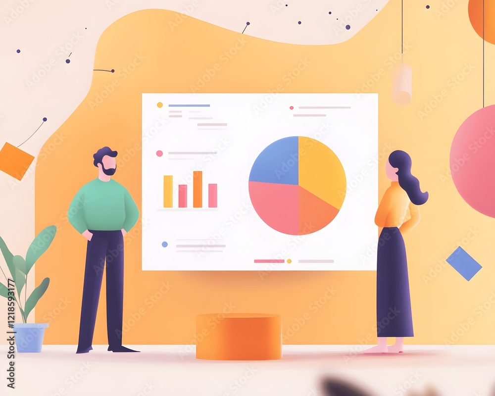 Poster modern workspace with professionals analyzing colorful data visualization on board.